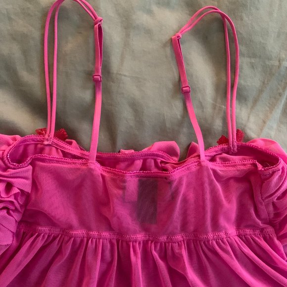 Vintage Hot Pink Ruffle Teddy Lingerie Pink Ruffles Top Sheer Babydoll - Picture 5 of 6